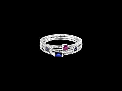 Star Wars™ Fine Jewelry R2 Series Sapphire, Diamond & Garnet Rhodium Over Silver 3 Ring Set 0.49ctw