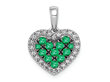 Picture of Rhodium Over 14k White Gold Diamond and Emerald Heart Pendant