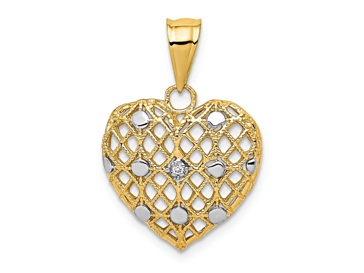 10k Yellow Gold and Rhodium Over 10k Yellow Gold Textured Diamond Heart Pendant