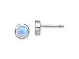 Rhodium Over Sterling Silver Polished Blue Created Opal Round Stud Earrings
