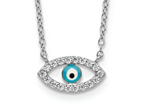 Rhodium Over Sterling Silver Enamel Eye with Cubic Zirconia Necklace