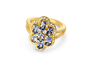 Picture of 18K Yellow Gold Over Sterling Silver Oval Tanzanite and White Zircon Ring 1.61ctw