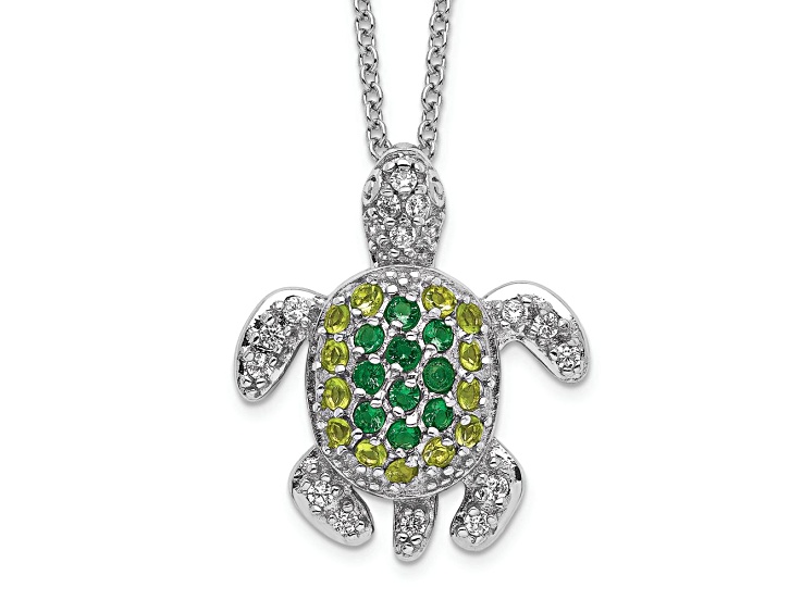 Rhodium Over Sterling Silver Green Glass and Cubic Zirconia Turtle Necklace