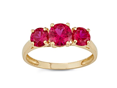 Lab Created Ruby 3-Stone 10K Yellow Gold Ring 2.00ctw