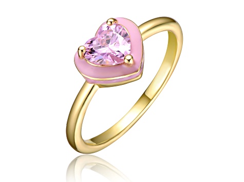 Pink Cubic Zirconia. Teens 14k Gold Plated over Brass Enamel Halo Heart Stacking Ring