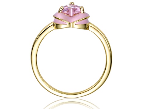 Pink Cubic Zirconia. Teens 14k Gold Plated over Brass Enamel Halo Heart Stacking Ring