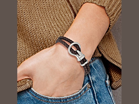 Brown Braided Leather and Stainless Steel Polished 8-inch Bracelet