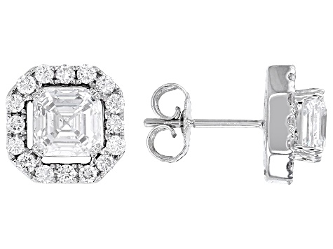 Asscher Cut White Lab-Grown Diamond 14k White Gold Halo Earrings 2.50ctw