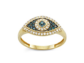 Blue And White Diamond 10K Yellow Gold Evil Eye Cluster Ring 0.30ctw