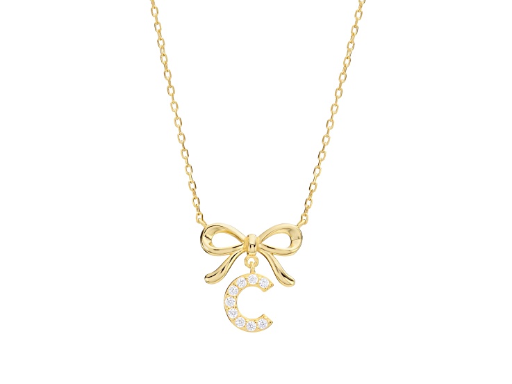 White Cubic Zirconia 14k Yellow Gold Over Sterling Silver "C" Initial Bow Necklace 0.23ctw