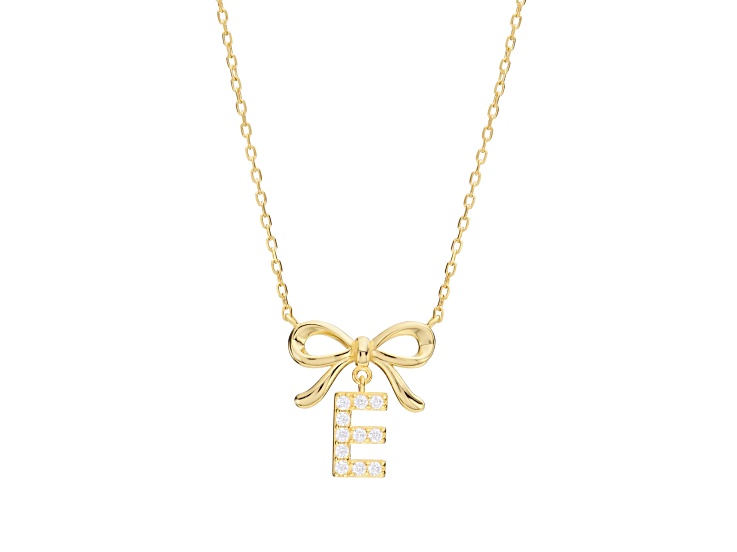 White Cubic Zirconia 14k Yellow Gold Over Sterling Silver "E" Initial Bow Necklace 0.23ctw