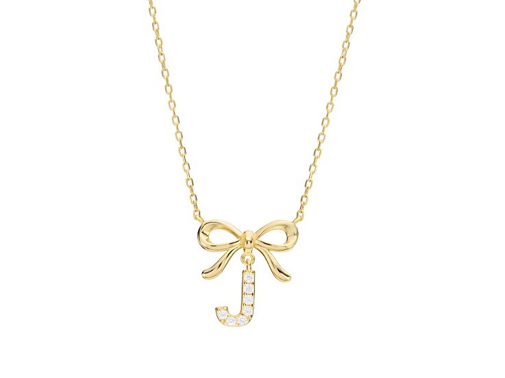 White Cubic Zirconia 14k Yellow Gold Over Sterling Silver "J" Initial Bow Necklace 0.23ctw