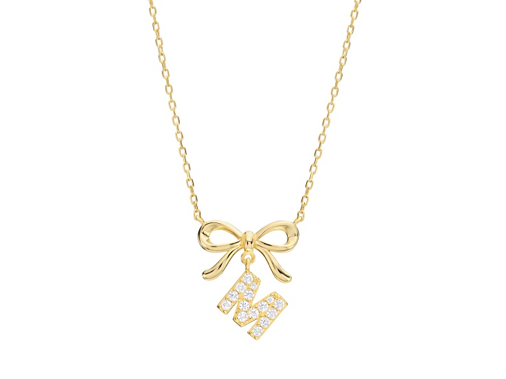 White Cubic Zirconia 14k Yellow Gold Over Sterling Silver "M" Initial Bow Necklace 0.23ctw