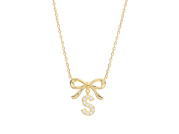 White Cubic Zirconia 14k Yellow Gold Over Sterling Silver "S" Initial Bow Necklace 0.23ctw