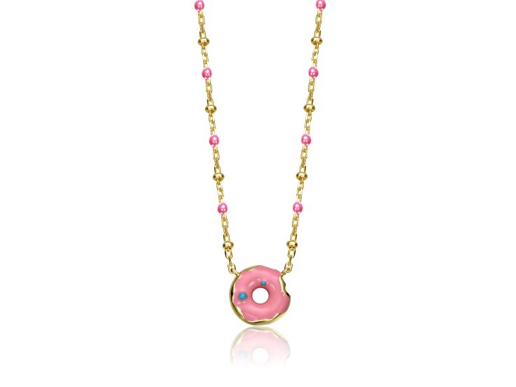 14K Gold Plated over Brass with Pink Enamel Donut Solitaire Necklace for Kids