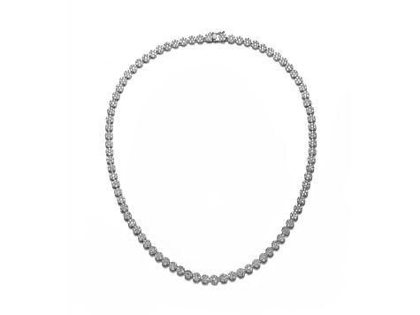 Clear Cubic Zirconia, Rhodium Plated over Sterling Silver Flower Design Tennis Necklace