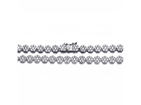 Clear Cubic Zirconia, Rhodium Plated over Sterling Silver Flower Design Tennis Necklace