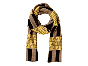 Fendi FF Print Striped Brown and Yellow Knitted Wool Scarf