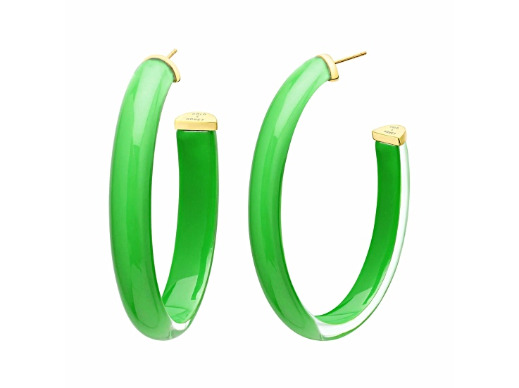14K Yellow Gold Over Sterling Silver XL Oval Illusion Acrylic Hoops in Green