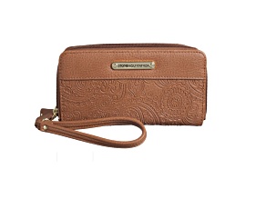 Stone Mountain Paisley Embossed Leather Large Double Zip Around Wallet with Wristlet Strap Tan
