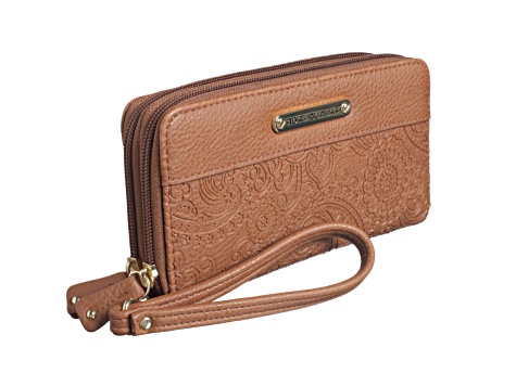 Stone Mountain Paisley Embossed Leather Large Double Zip Around Wallet with Wristlet Strap Tan