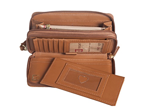 Stone Mountain Paisley Embossed Leather Large Double Zip Around Wallet with Wristlet Strap Tan