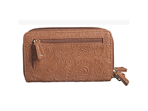 Stone Mountain Paisley Embossed Leather Large Double Zip Around Wallet with Wristlet Strap Tan