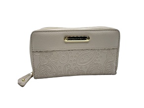 Stone Mountain Paisley Embossed Leather Large Double Zip Around Wallet/Wristlet Strap Bone Color