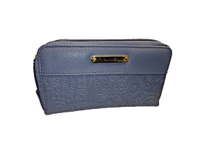 Stone Mountain Paisley Embossed Leather Large Double Zip Around Wallet/Wristlet Strap Denim Color