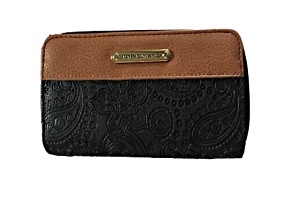 Stone Mountain Paisley Embossed Leather Large Double Zip Around Wallet/Wristlet Strap Black Tan