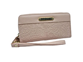 Stone Mountain Paisley Embossed Leather Large Double Zip Around Wallet with Wristlet Strap Blush