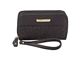 Stone Mountain Paisley Embossed Leather Large Double Zip Around Wallet with Wristlet Strap Black