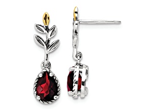 Sterling Silver with 14K Accent Antiqued Leaf Garnet Dangle Post Earrings