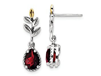 Picture of Sterling Silver with 14K Accent Antiqued Leaf Garnet Dangle Post Earrings