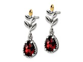 Sterling Silver with 14K Accent Antiqued Leaf Garnet Dangle Post Earrings