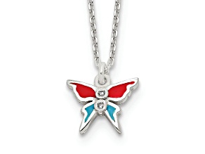 Sterling Silver Polished and Enameled Cubic Zirconia Butterfly Children's Necklace