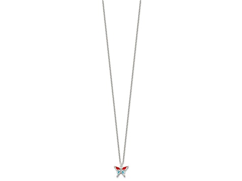 Sterling Silver Polished and Enameled Cubic Zirconia Butterfly Children's Necklace