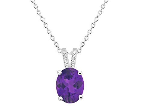 10x8mm Oval Amethyst With Diamond Accents Rhodium Over Sterling Silver Pendant with Chain