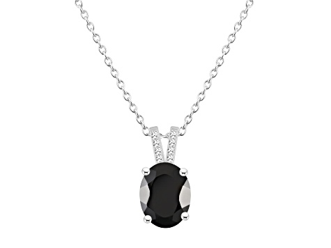 10x8mm Oval Black Onyx With Diamond Accents Rhodium Over Sterling Silver Pendant with Chain