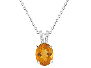 10x8mm Oval Citrine With Diamond Accents Rhodium Over Sterling Silver Pendant with Chain