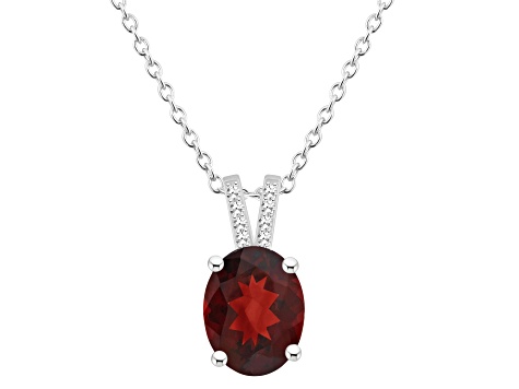 10x8mm Oval Garnet With Diamond Accents Rhodium Over Sterling Silver Pendant with Chain