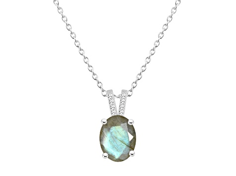 10x8mm Oval Labradorite With Diamond Accents Rhodium Over Sterling Silver Pendant with Chain