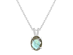 10x8mm Oval Labradorite With Diamond Accents Rhodium Over Sterling Silver Pendant with Chain