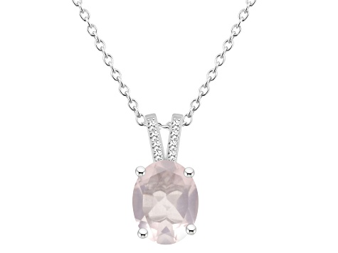 10x8mm Oval Rose Quartz With Diamond Accents Rhodium Over Sterling Silver Pendant with Chain