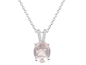 10x8mm Oval Rose Quartz With Diamond Accents Rhodium Over Sterling Silver Pendant with Chain