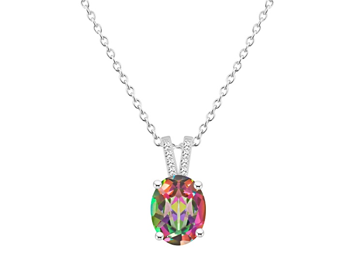 10x8mm Oval Mystic Topaz With Diamond Accents Rhodium Over Sterling Silver Pendant with Chain