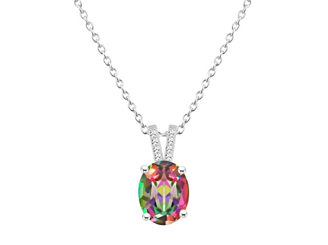 10x8mm Oval Mystic Topaz With Diamond Accents Rhodium Over Sterling Silver Pendant with Chain