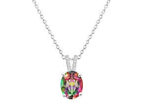 10x8mm Oval Mystic Topaz With Diamond Accents Rhodium Over Sterling Silver Pendant with Chain