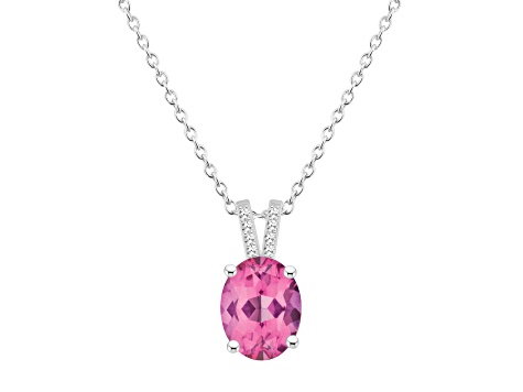 10x8mm Oval Pink Topaz With Diamond Accents Rhodium Over Sterling Silver Pendant with Chain