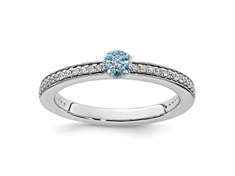 14K White Gold Stackable Expressions Aquamarine and Diamond Ring 0.075ctw